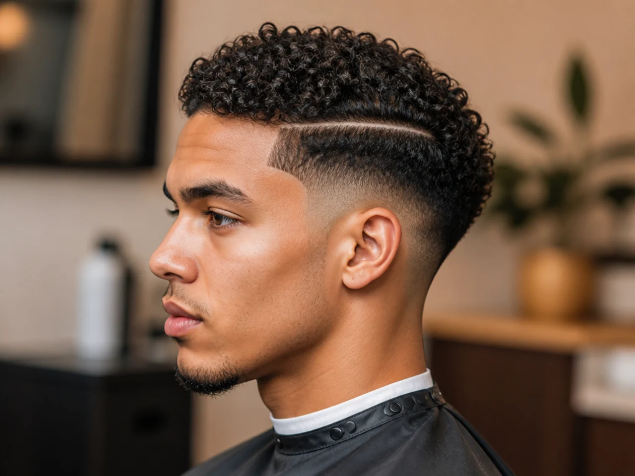 Curly taper fade with a razored hard part