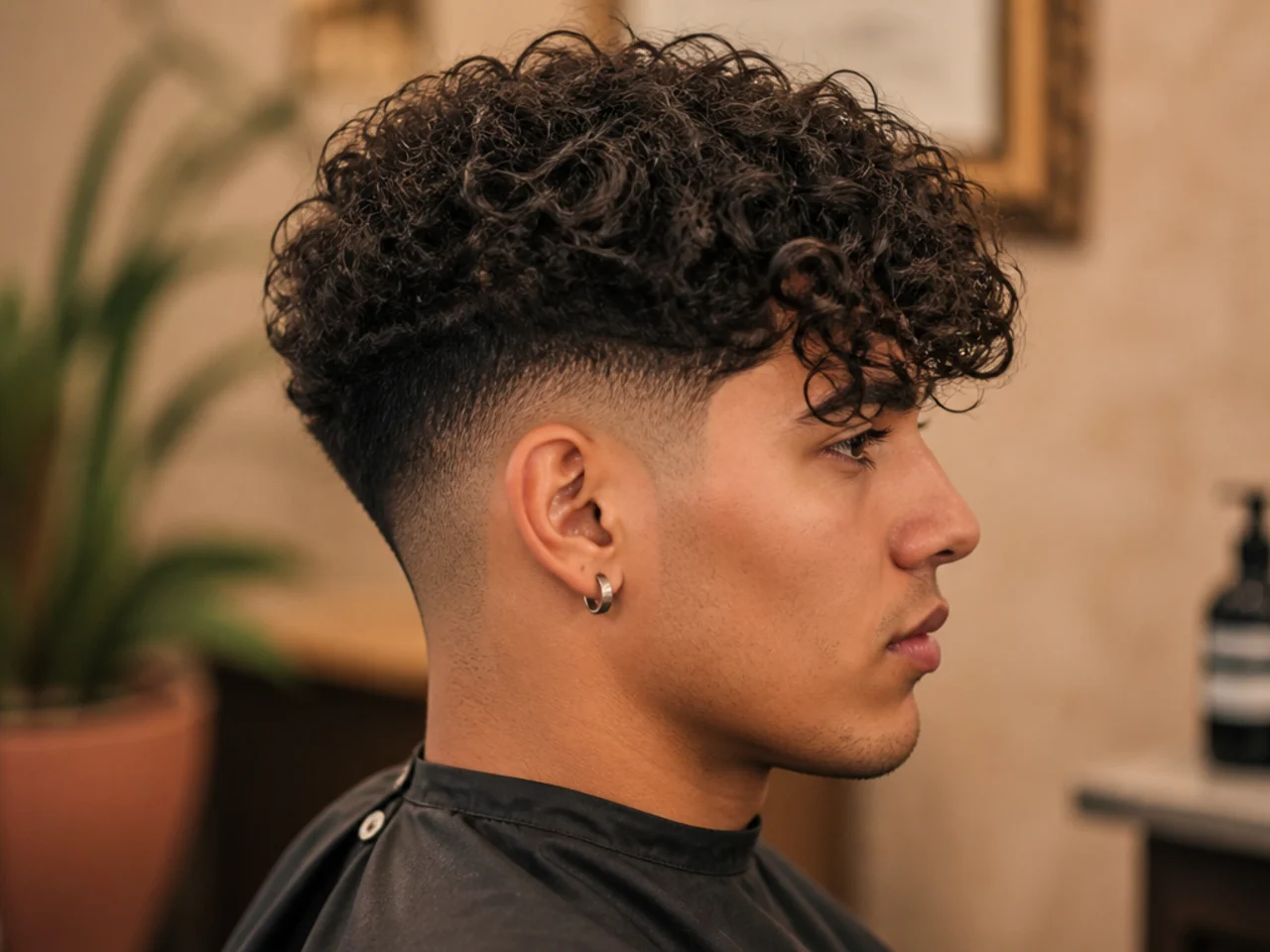 Curly fringe falling forward above a taper fade