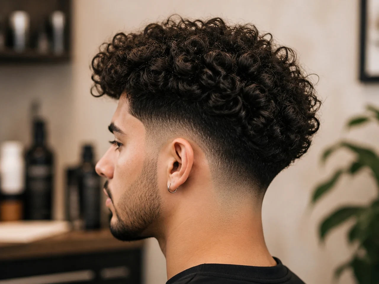 Thick curly hair with interior weight removed and a taper fade