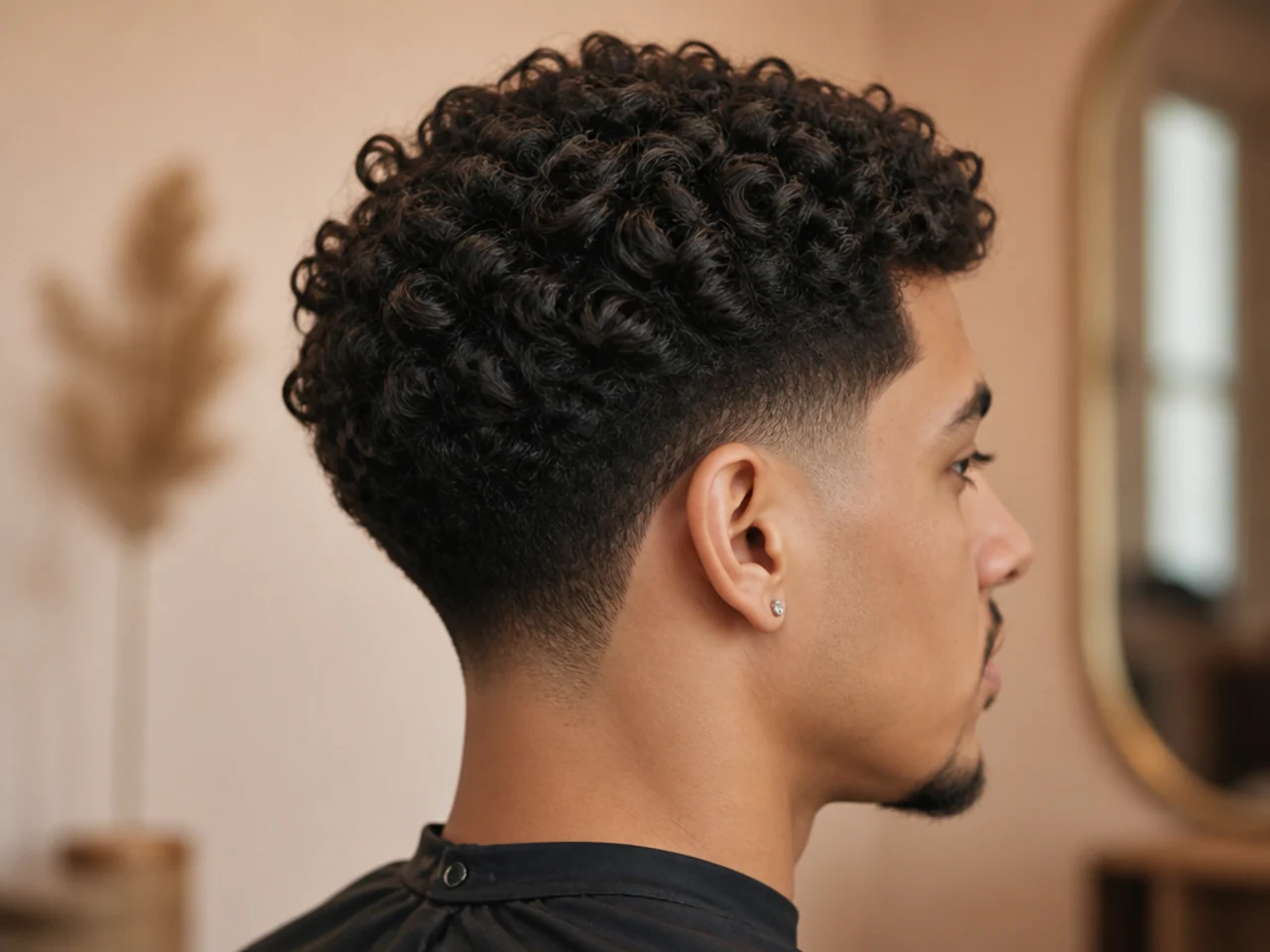 Curly taper fade with a soft natural neckline