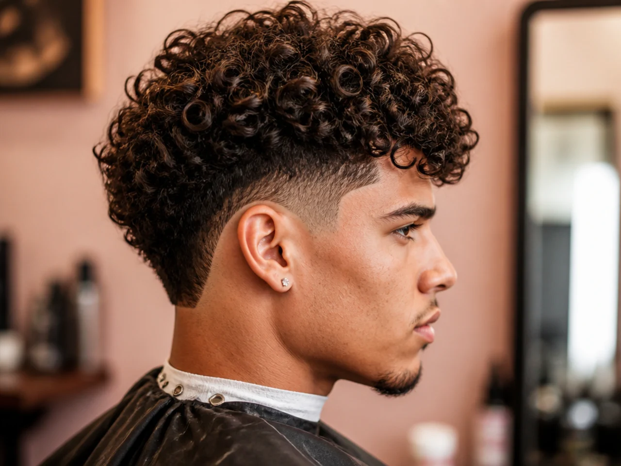 Curly hair with a burst fade arcing around the ear