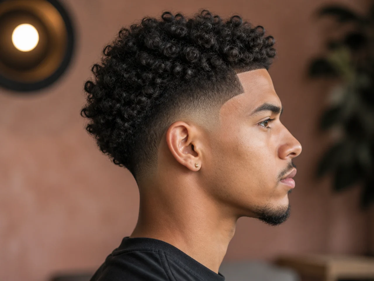 Curly taper fade with a sharp razored line-up