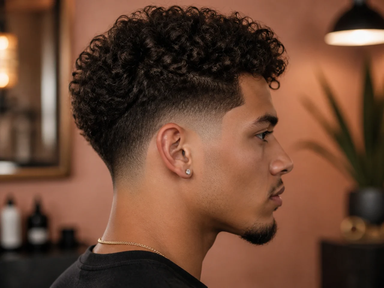 Curly hair with a drop taper fade curving behind the ear