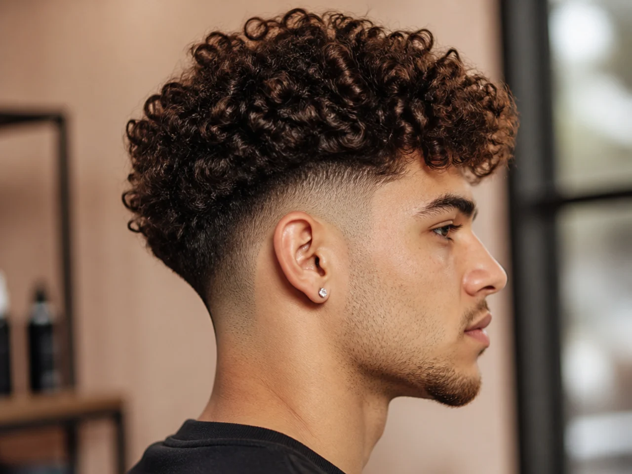 Full curls on top with a skin taper fade at the sides