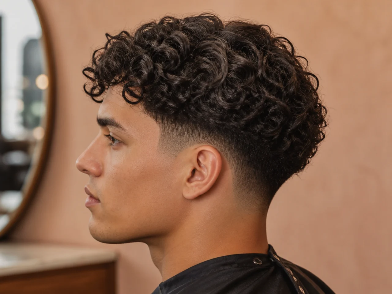 Curly hair parted in the middle above a low taper fade