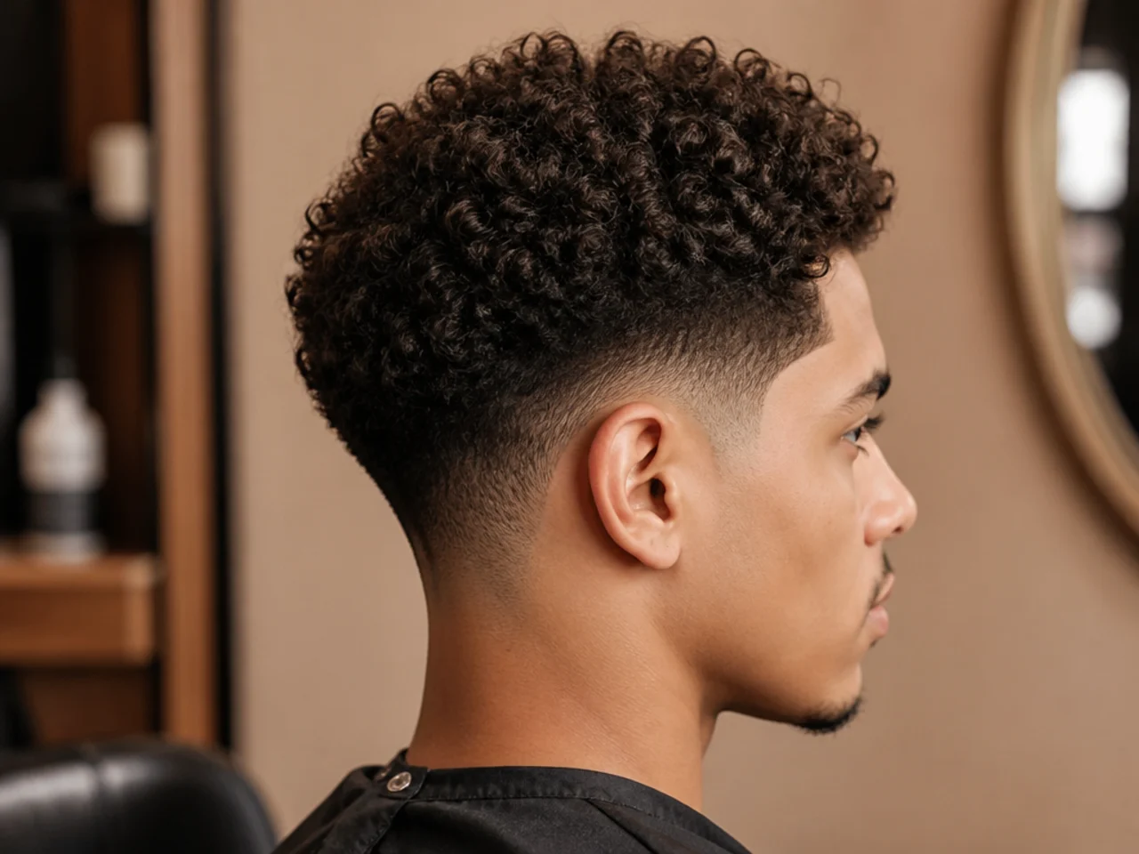 Short curly hair with a clean taper fade