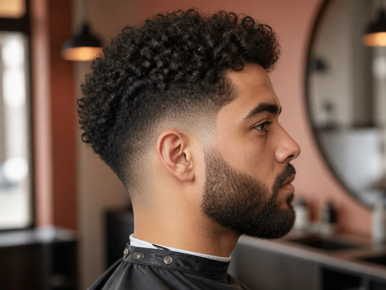 Curly taper fade blended into a beard