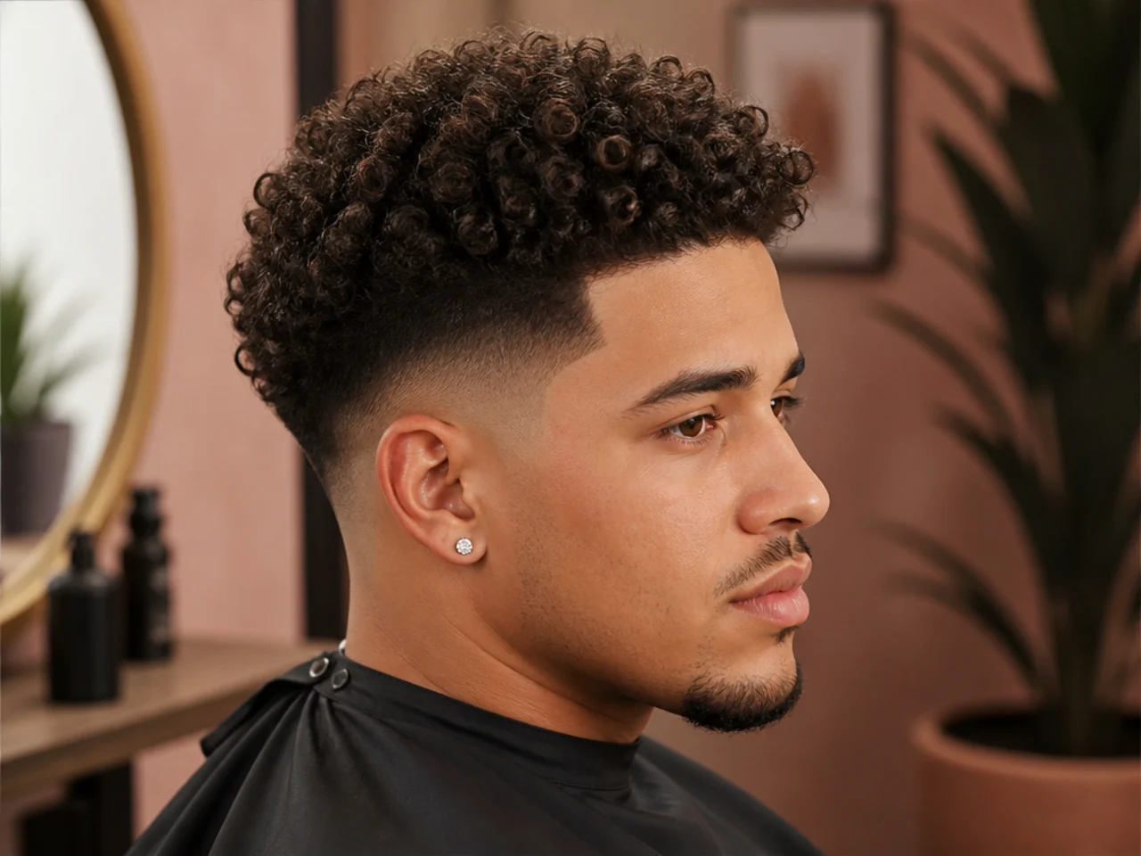 Three-quarter view of a finished curly taper fade
