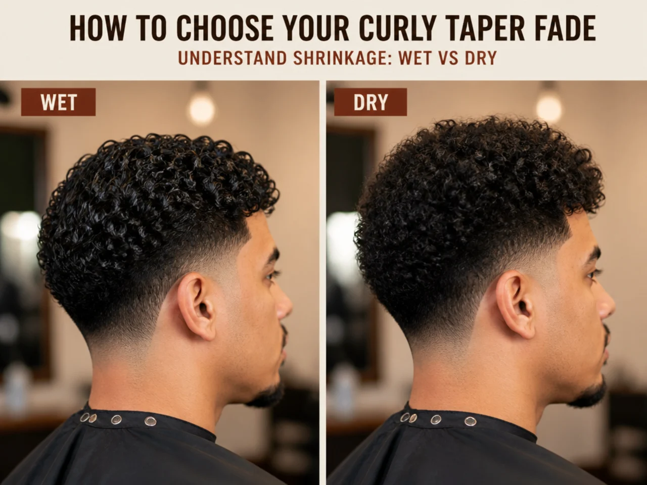 The same curly hair shown wet and dry to illustrate shrinkage