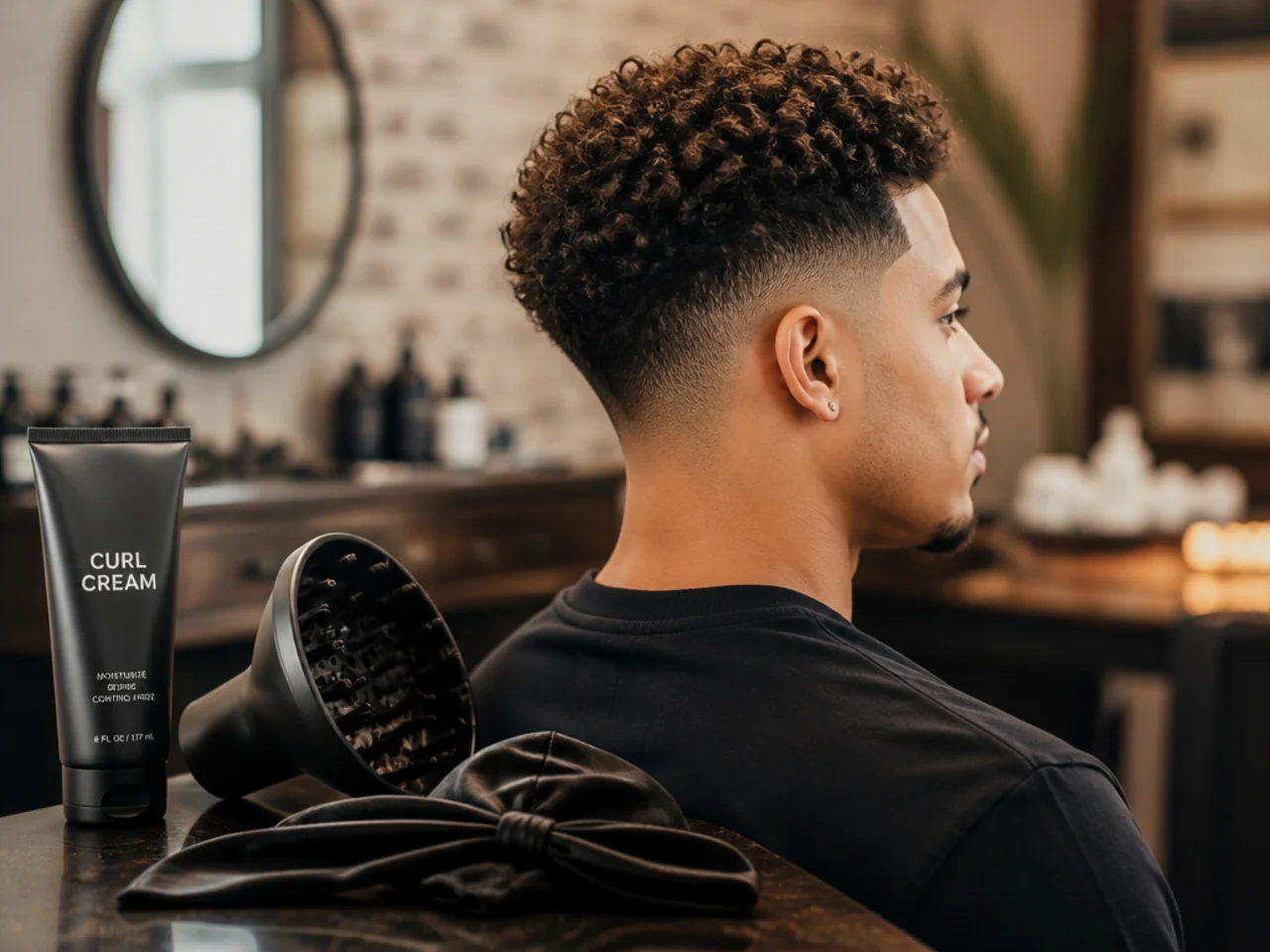 Curl cream, a diffuser attachment and a satin durag laid out for curly hair care