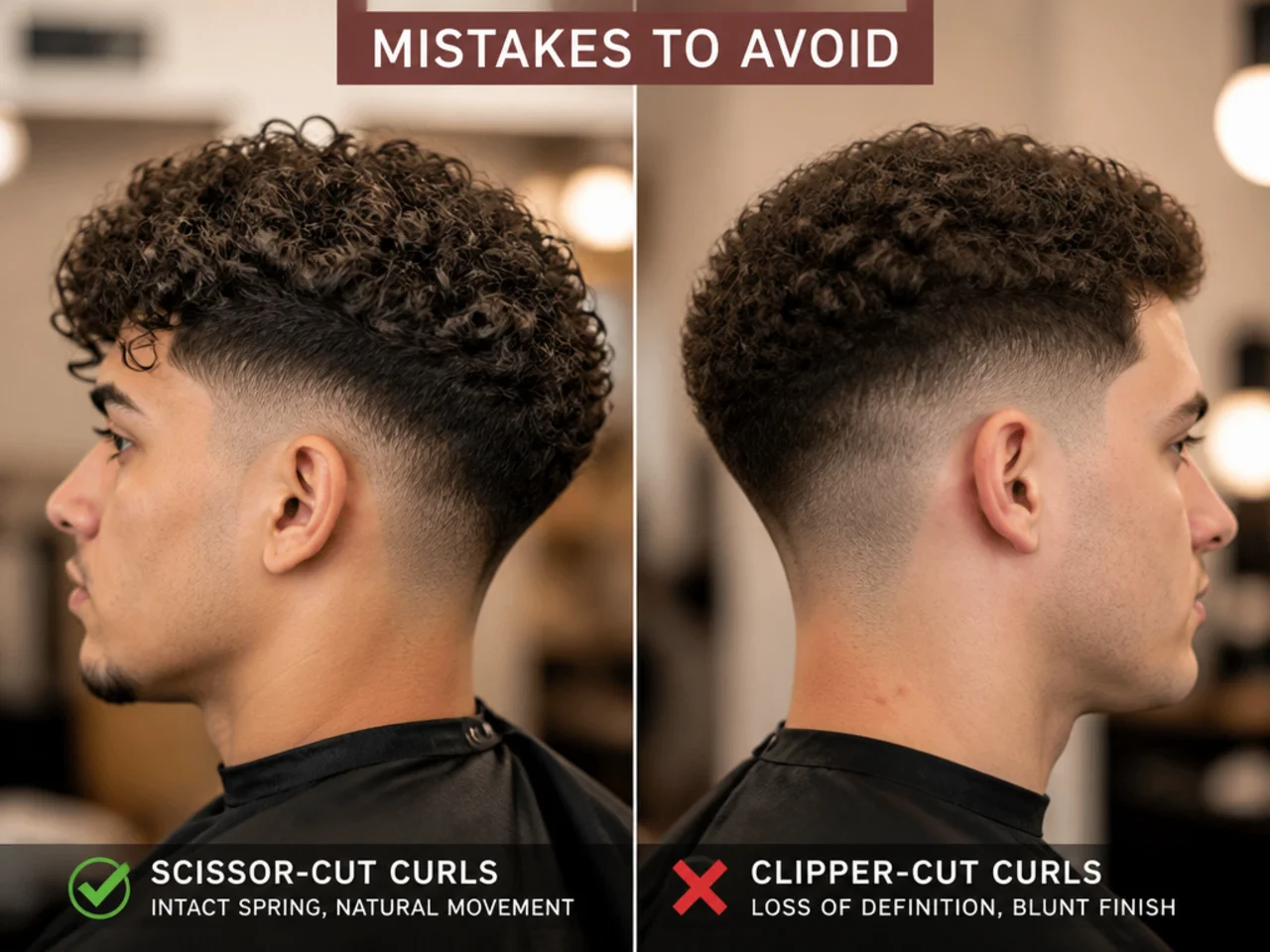 Scissor-cut curls with intact spring beside clipper-cut curls that have lost definition