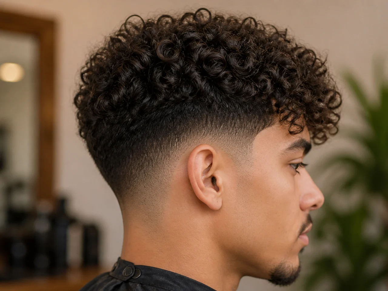 Close-up showing scissor-cut curls above a clipper-cut fade line