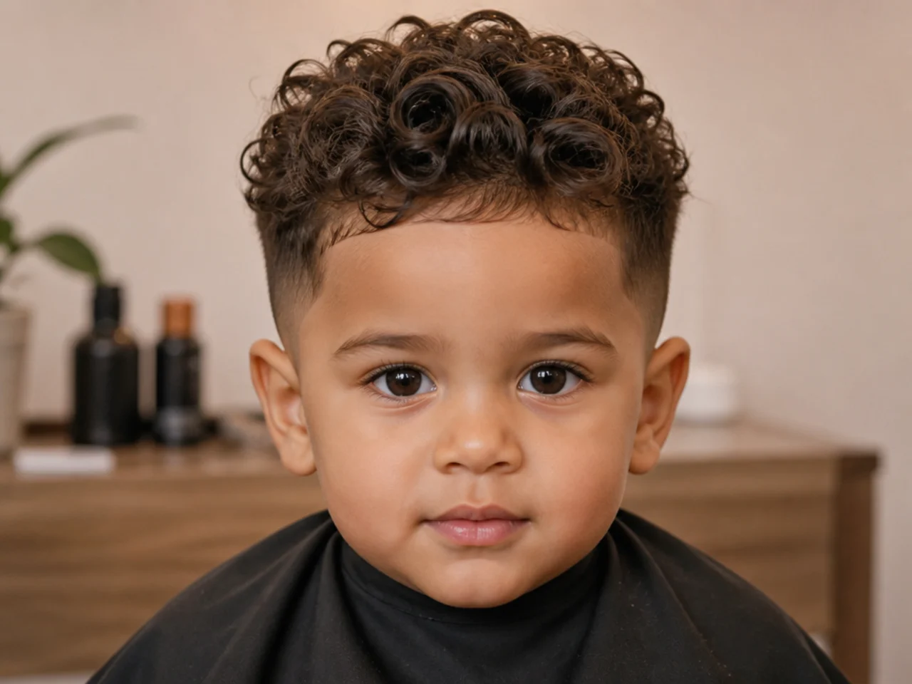 A toddler boy with curls cut clear of his eyebrows