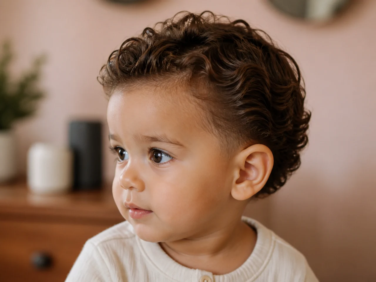A toddler boy with curls trimmed back from his ears