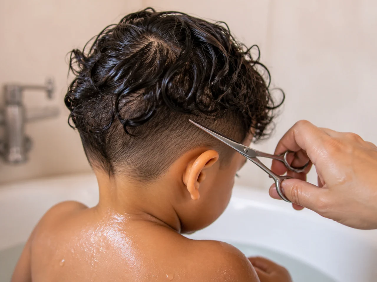 A toddler having wet curls trimmed in the bath