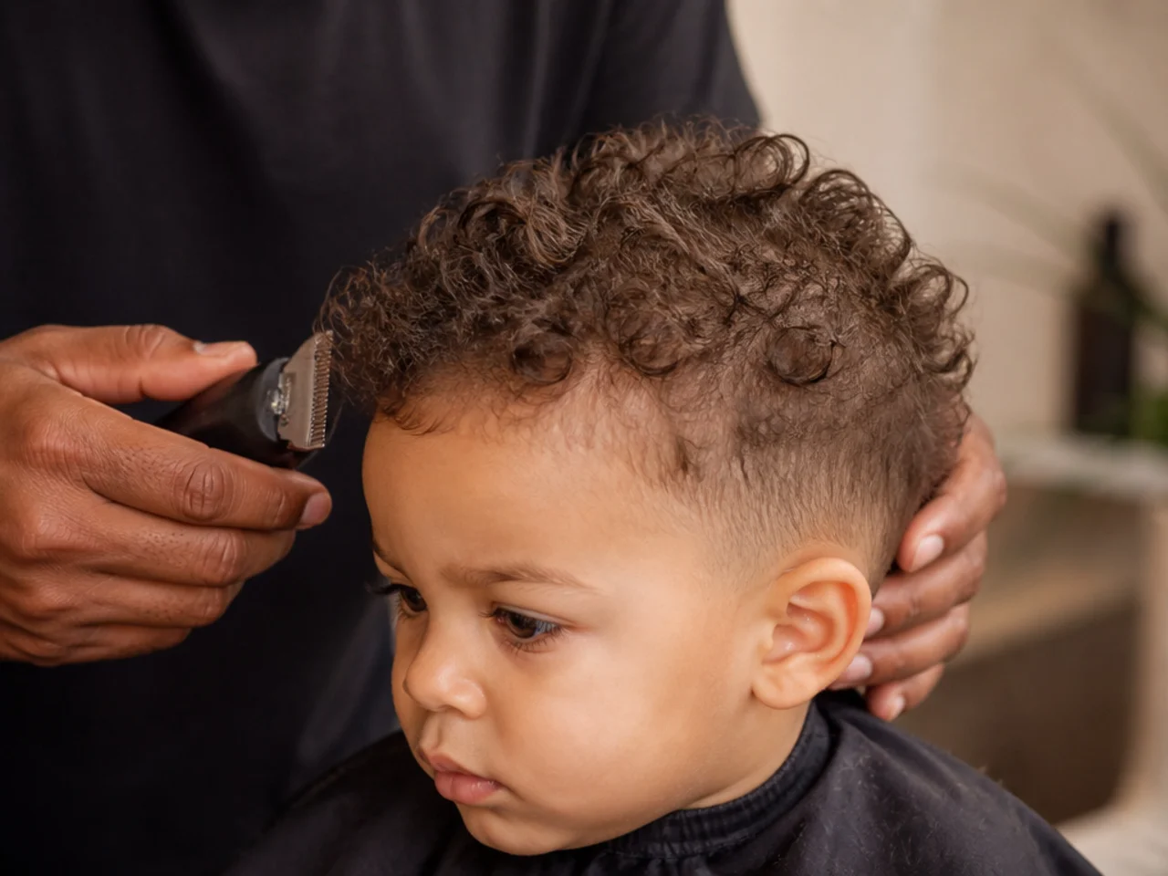 A parent cutting a toddler's curls in short bursts