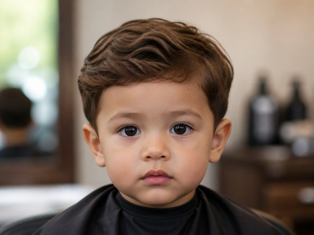 A toddler boy with loose waves cut to one level