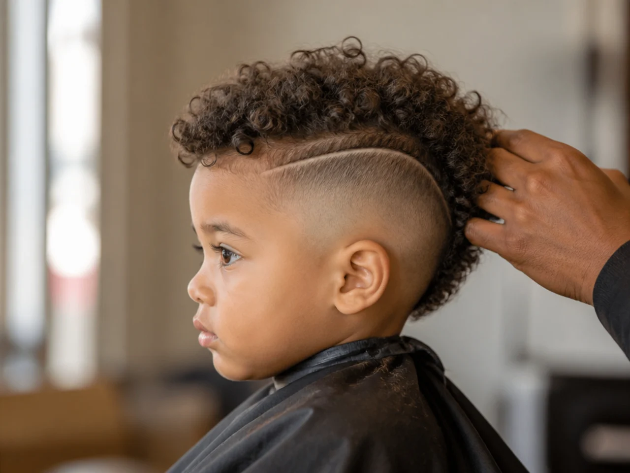 A toddler boy with curls partly cut