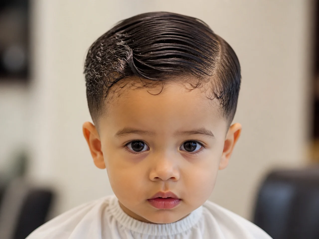 A toddler's damp curls combed flat before cutting