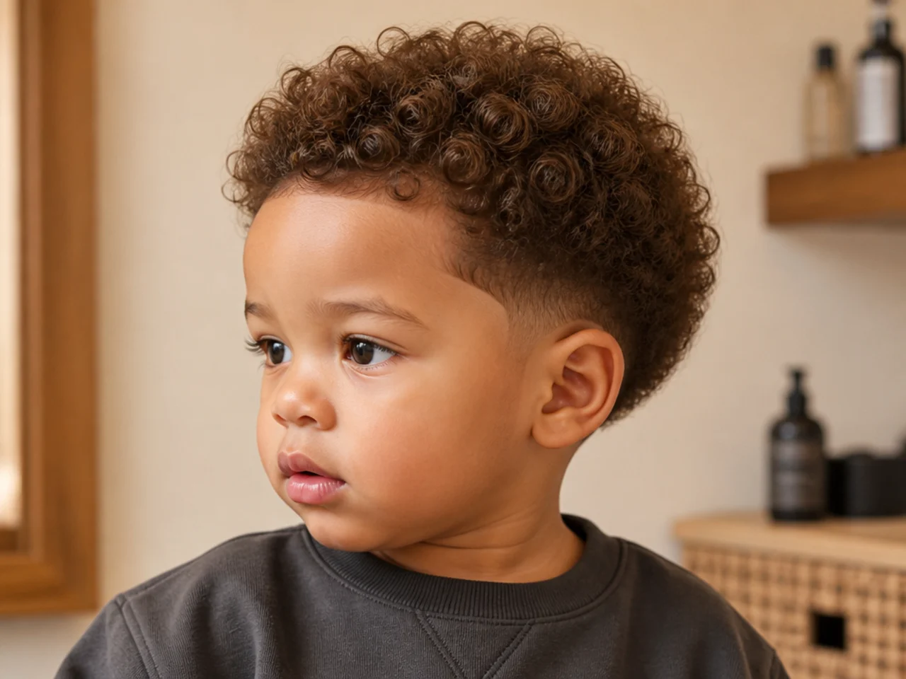 A toddler boy with a rounded curly haircut and soft edges