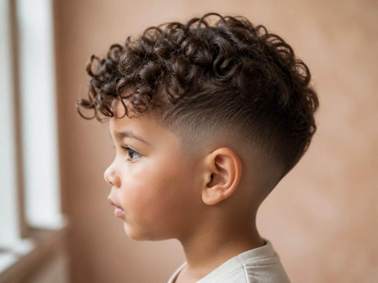 A toddler boy with a curly fringe sitting above the eyebrows