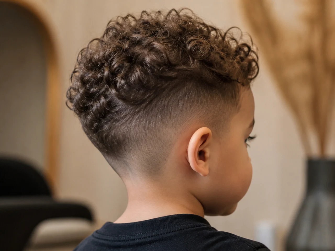 A toddler boy with curls on top and short clippered sides