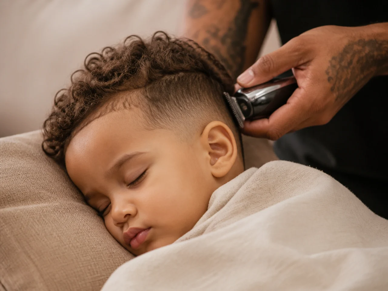 A sleeping toddler having a few curls trimmed