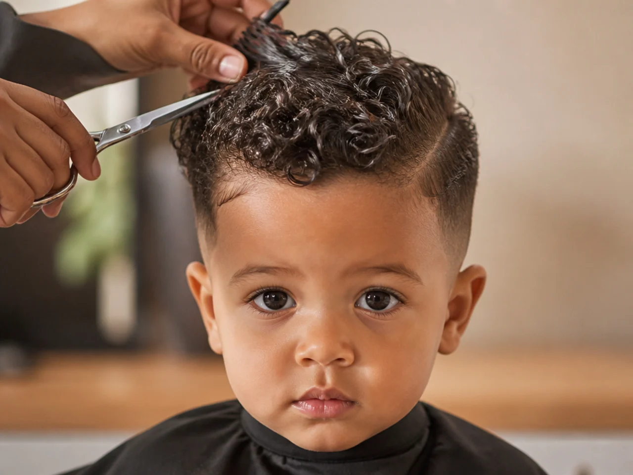 A toddler boy with wet curls being cut