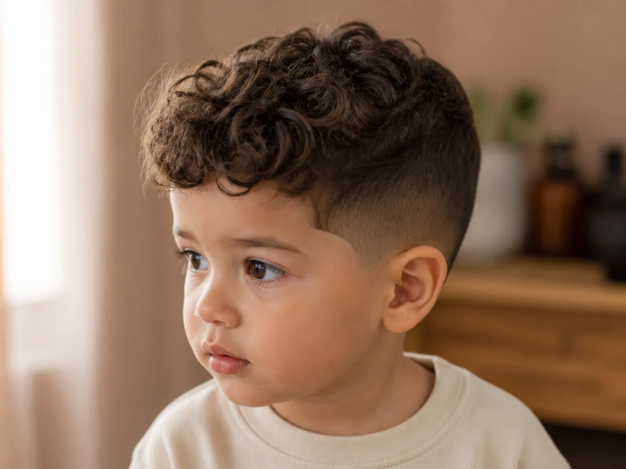 A toddler boy with the ends of his curls trimmed