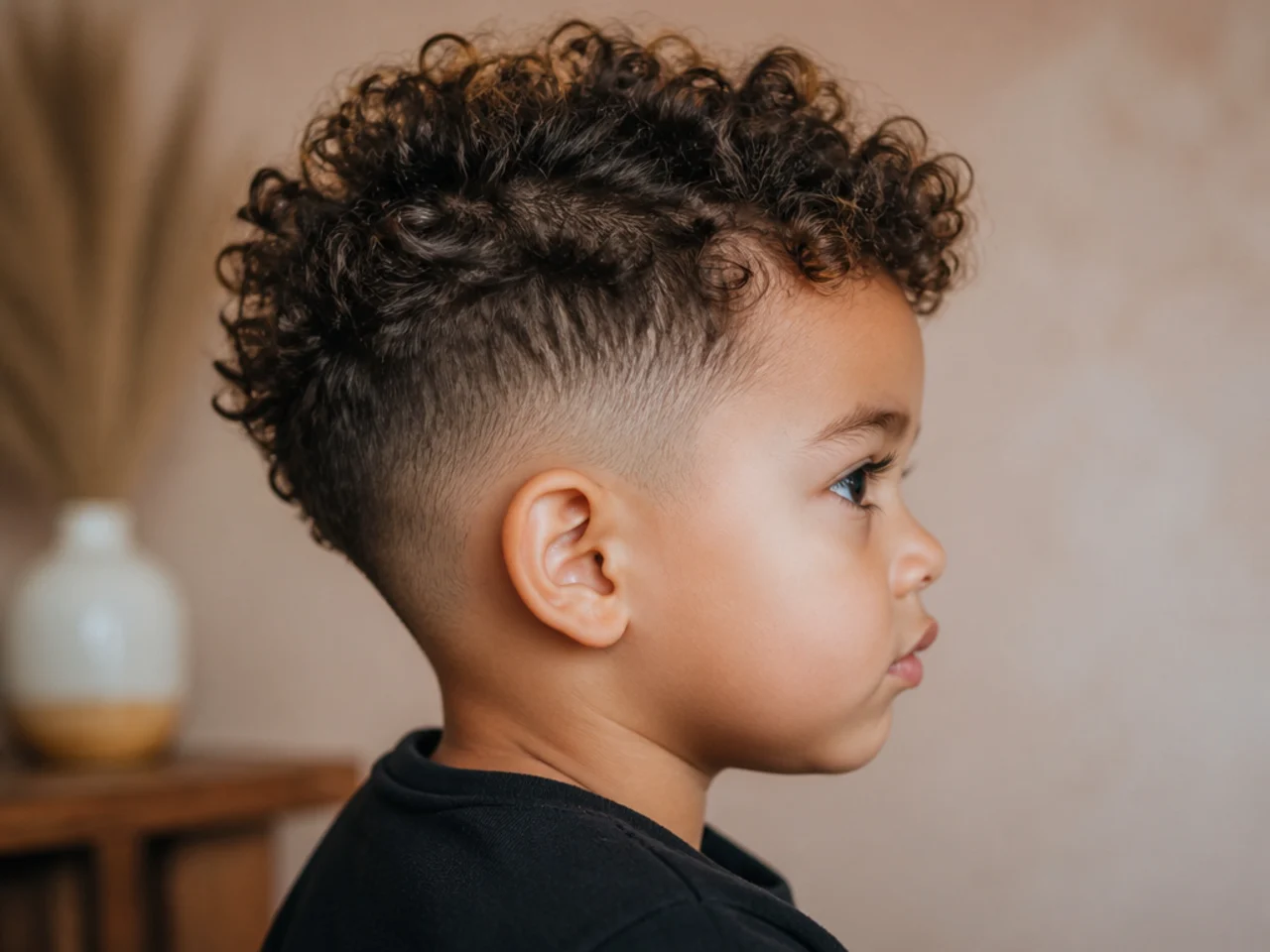 A toddler boy with longer curls left after a trim