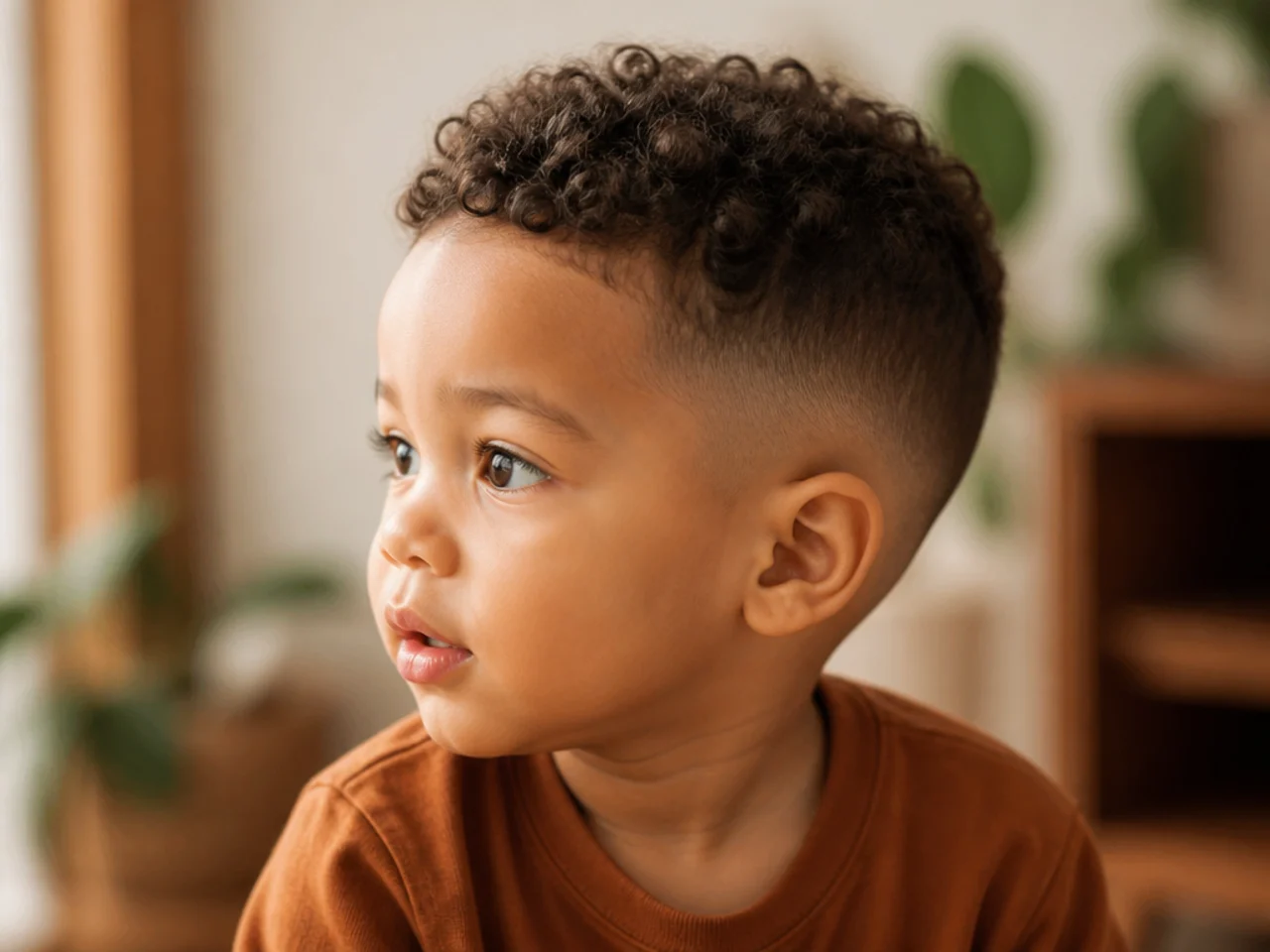 Side view of a toddler boy with natural curls