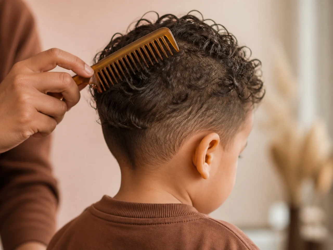A parent combing a toddler's damp curls with a wide-tooth comb