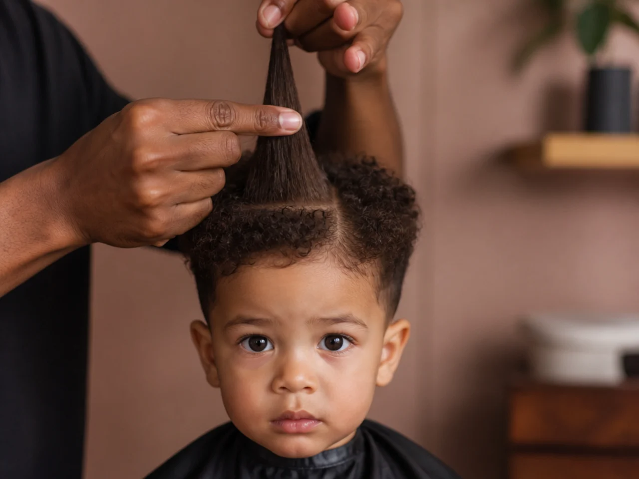 A toddler's fine curls being pulled straight to measure length