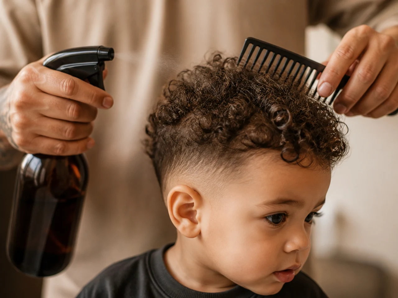 A spray bottle and wide-tooth comb beside a toddler's curly hair