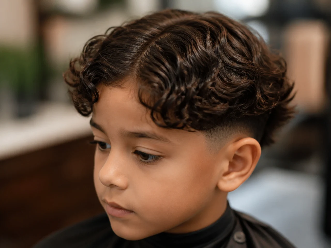 A young boy with curly hair parted in the middle over a low taper