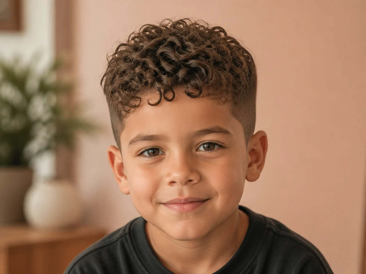 A young boy with a curly crop and scissor-cut sides