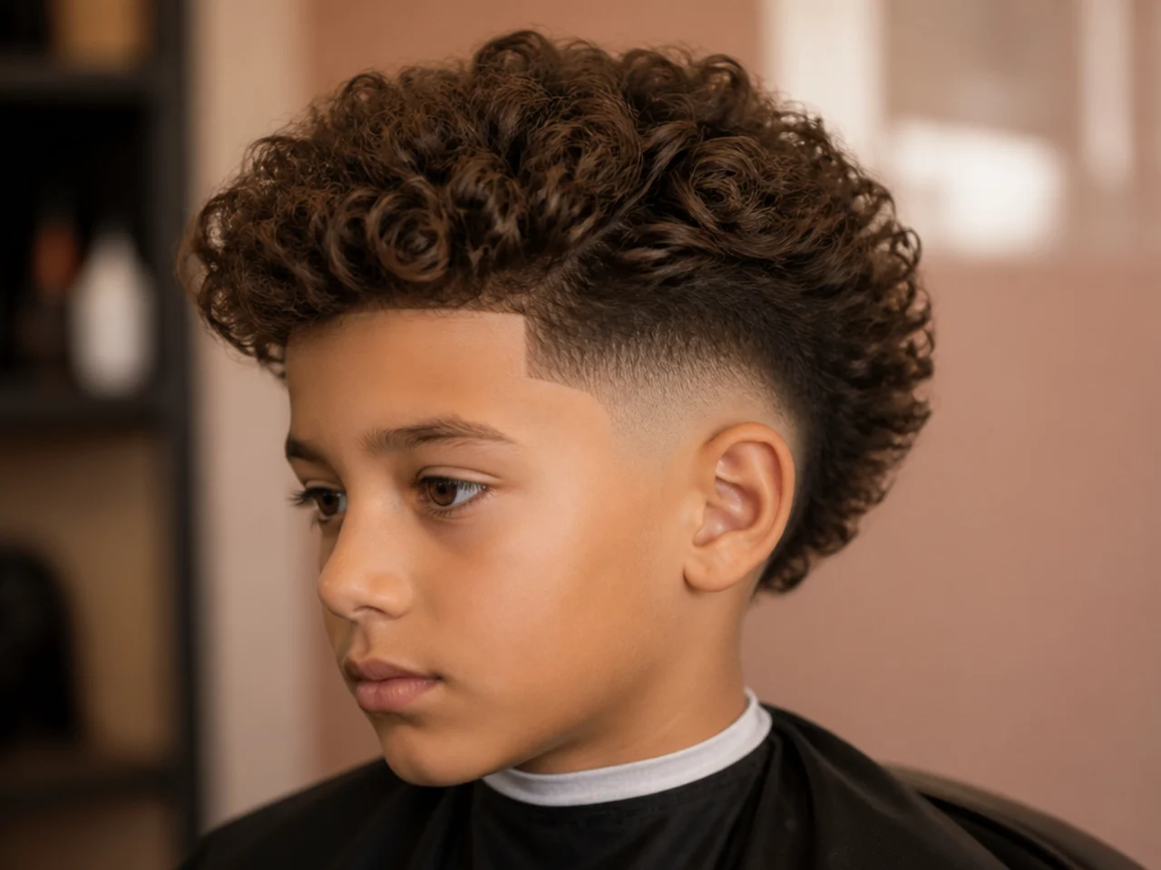 A young boy with curls over a burst fade behind the ear
