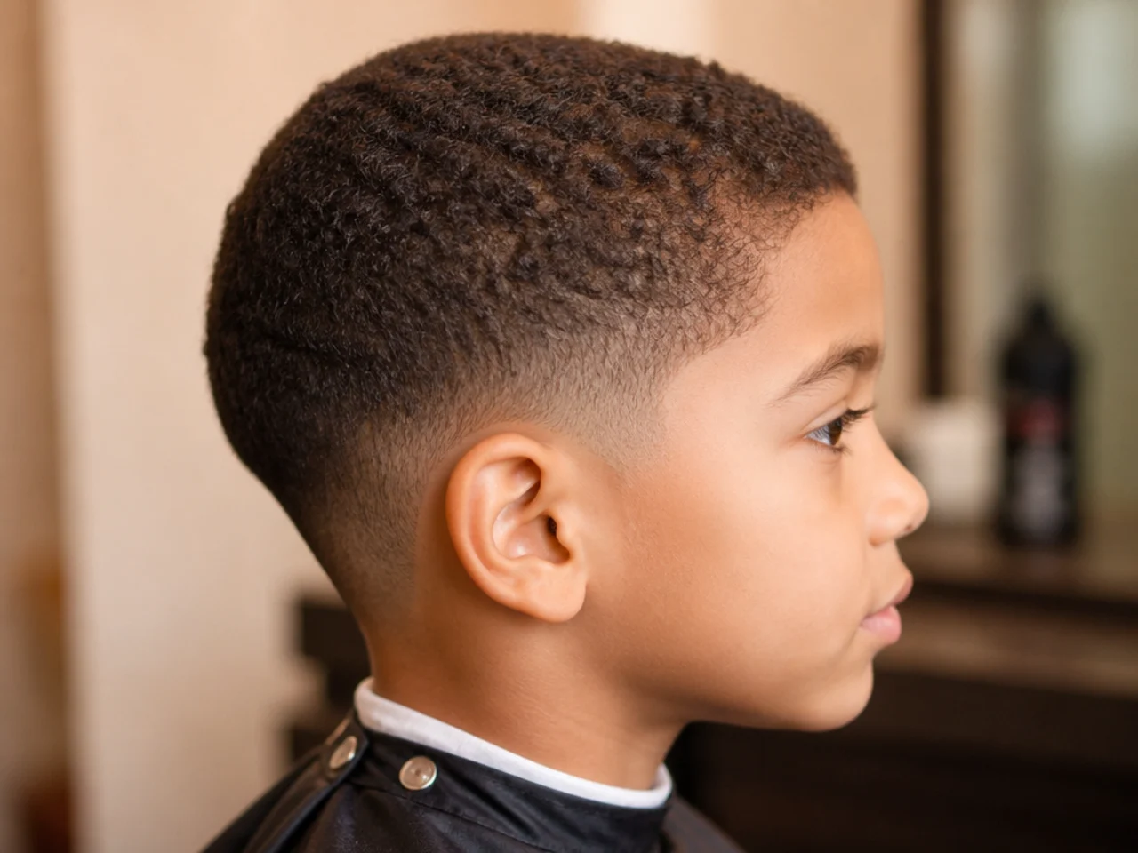 A young boy with short coils cut evenly all over