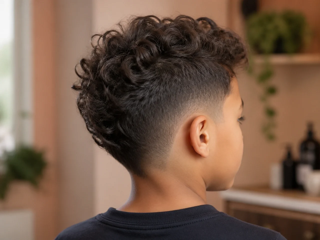 A young boy with a curly faux hawk over a mid taper