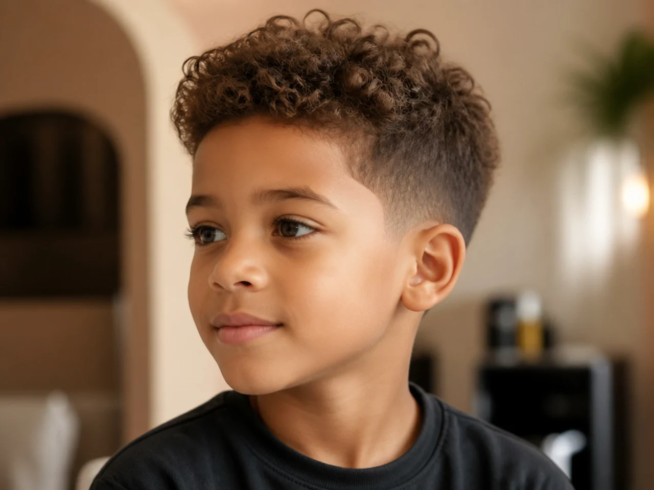 A young boy with a curly top and a longer clipper guard at the sides