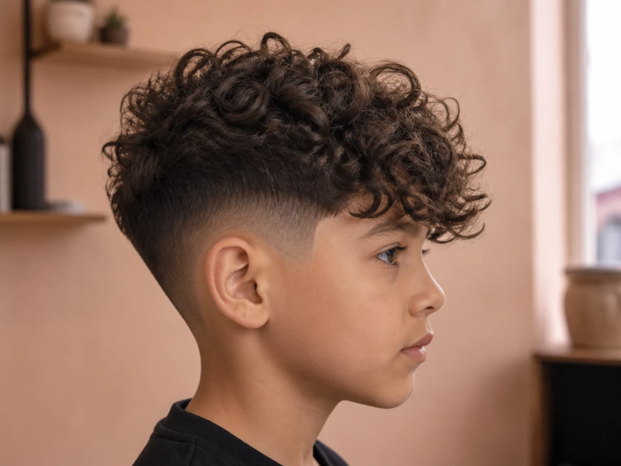 A young boy with curly hair falling forward over the brow