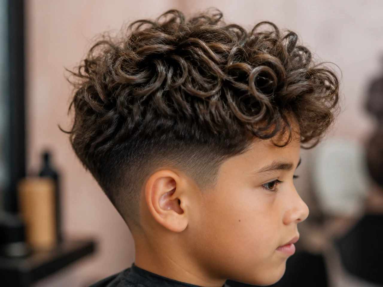 A young boy with long curls over a low taper