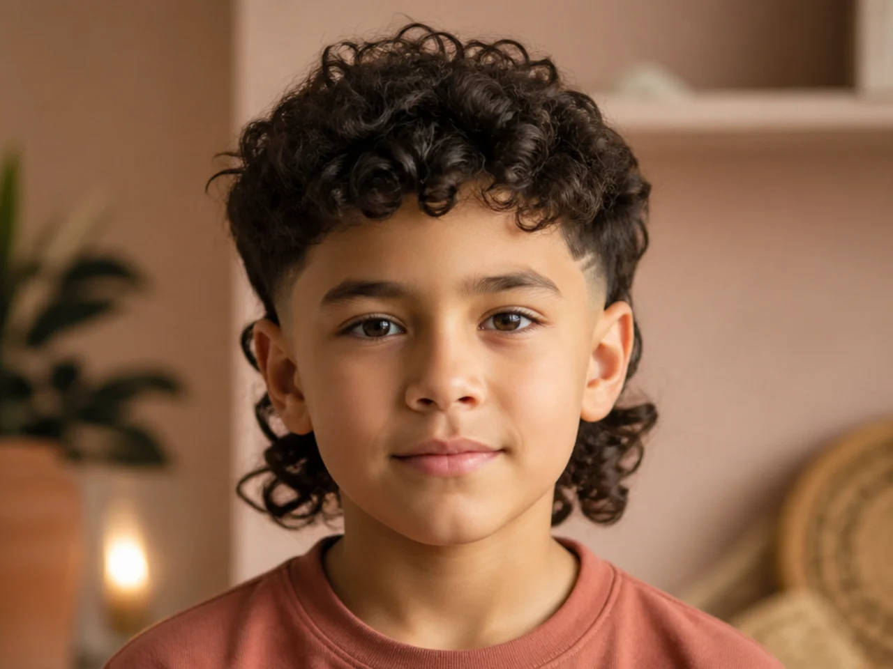 A young boy with a curly mullet and length at the back