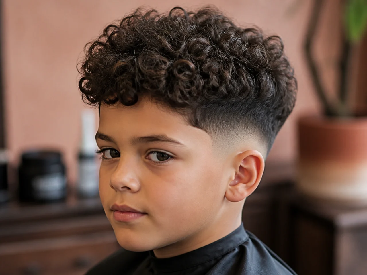 A young boy with a rounded curly top over a high taper