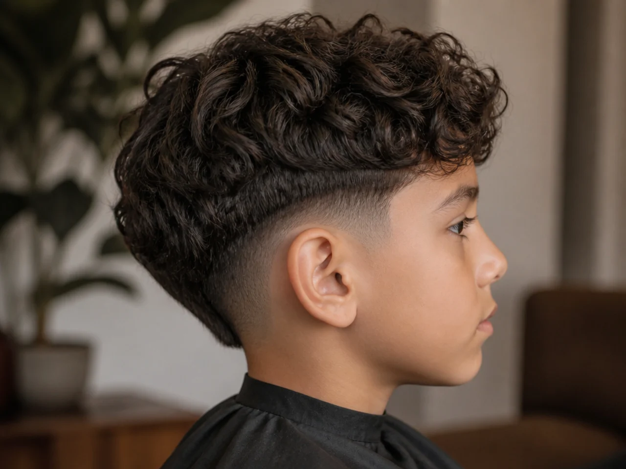 A young boy with a curly two block cut and a softened step