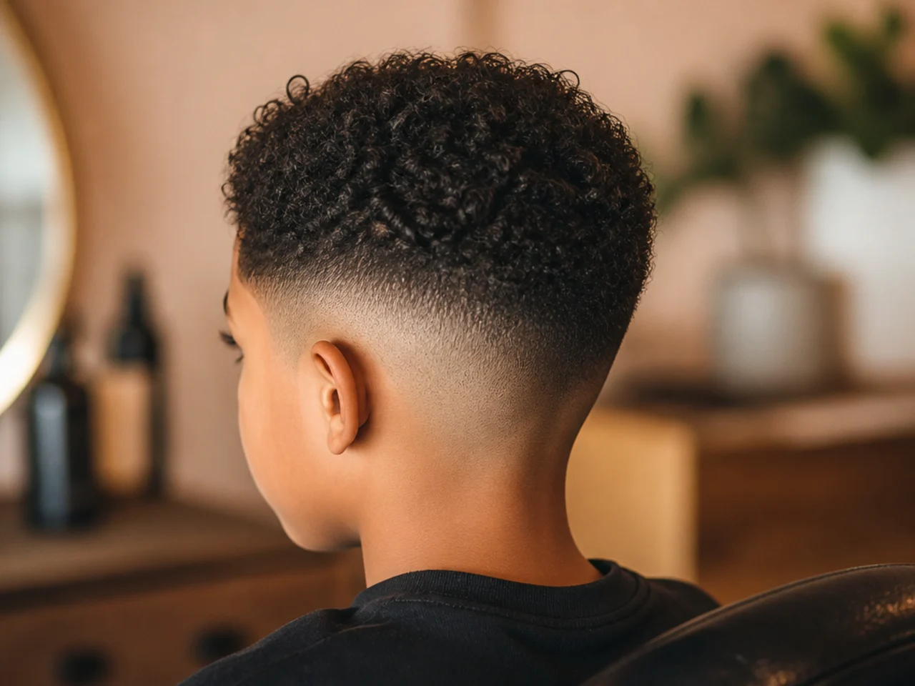 A young boy with tight coils above a skin fade