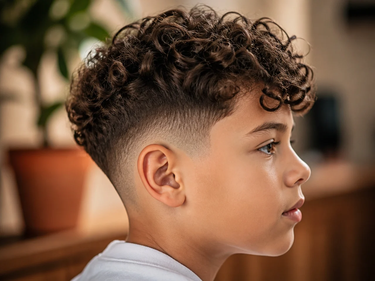 Close view of curls hanging over a tapered side on a boy