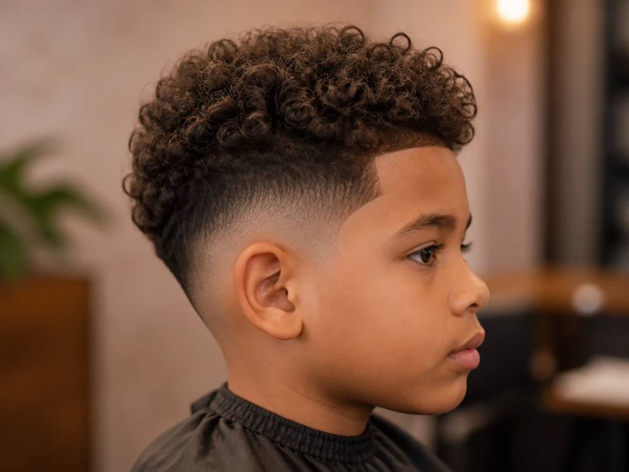 Three-quarter view of a young boy with a curly tapered cut