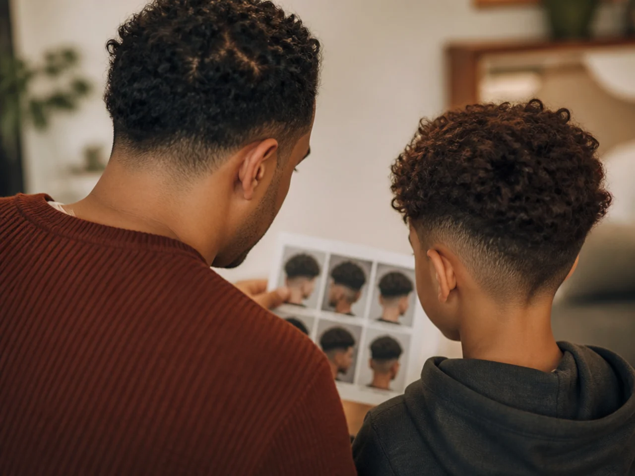 A parent and a boy with curly hair looking at reference photos