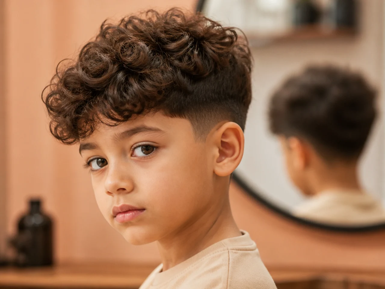 A curly haircut showing a visible step where the sides begin